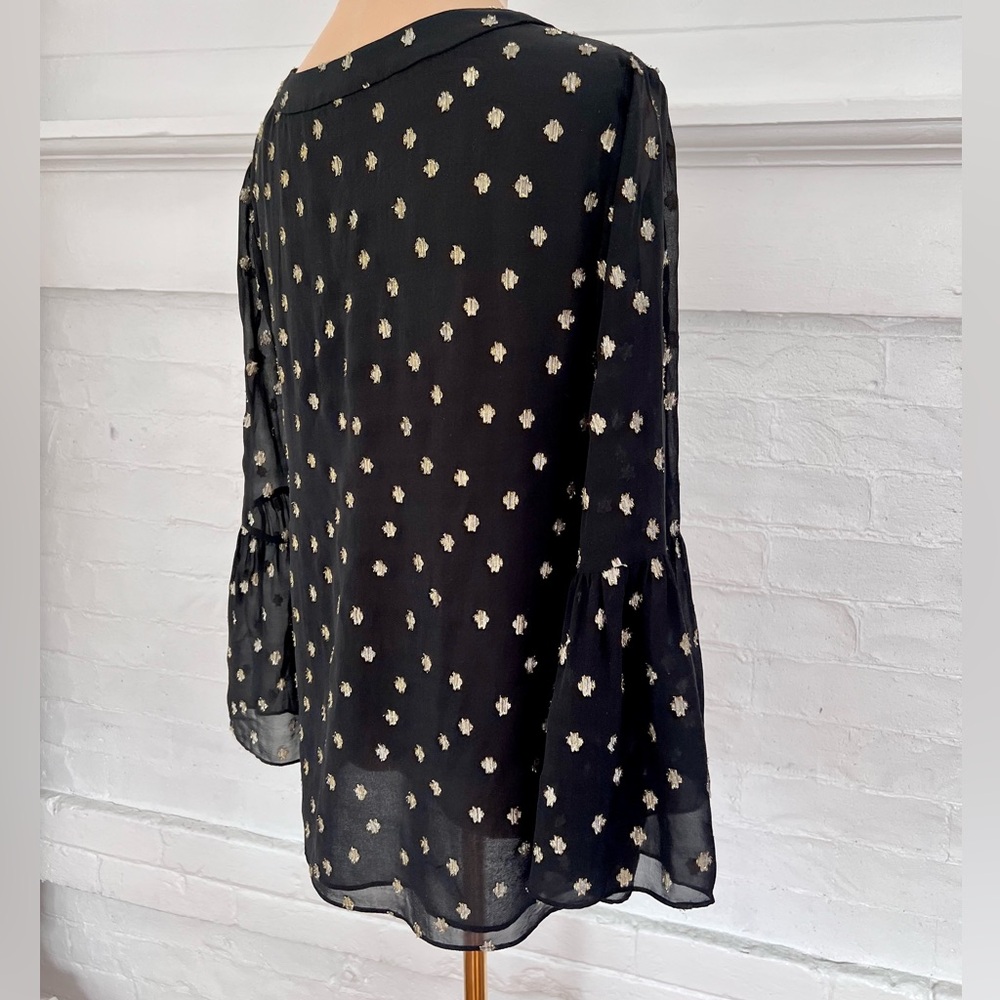 Lilly Pulitzer Amory Starry Silk Chiffon Blouse Black Gold Metallic Bell Sleeve - Picture 8 of 17